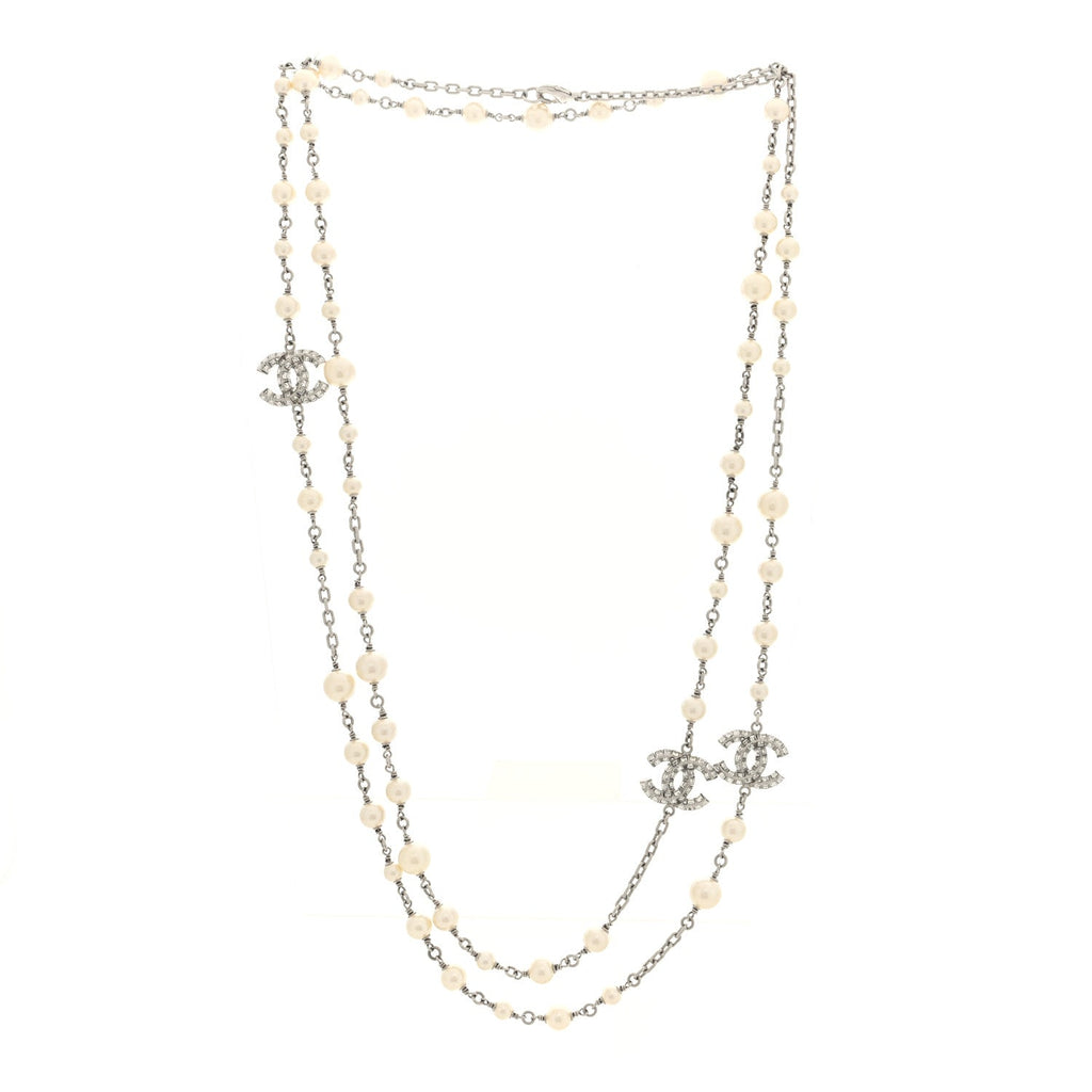 Pearl Baguette Crystal CC Long Necklace Silver