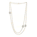 Pearl Baguette Crystal CC Long Necklace Silver