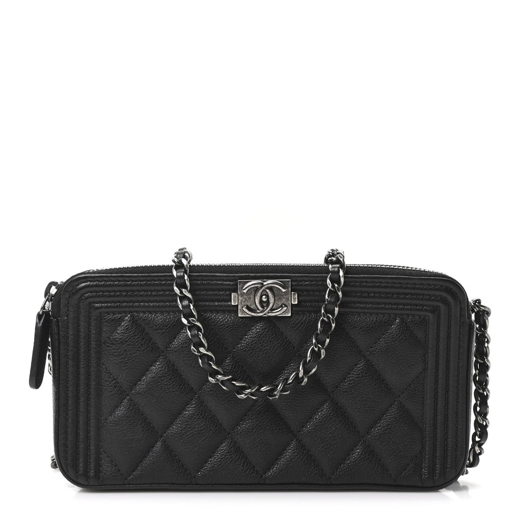 Chanel Grained Calfskin Quilted Boy Phone Holder Wallet On Chain Black