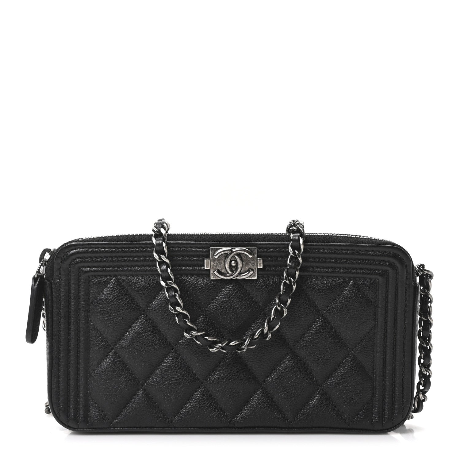 Chanel Grained Calfskin Quilted Boy Phone Holder Wallet On Chain Black