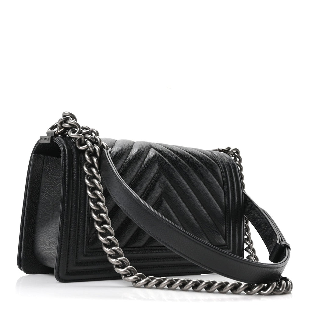 Chanel Caviar Chevron Quilted Medium Boy Flap Black