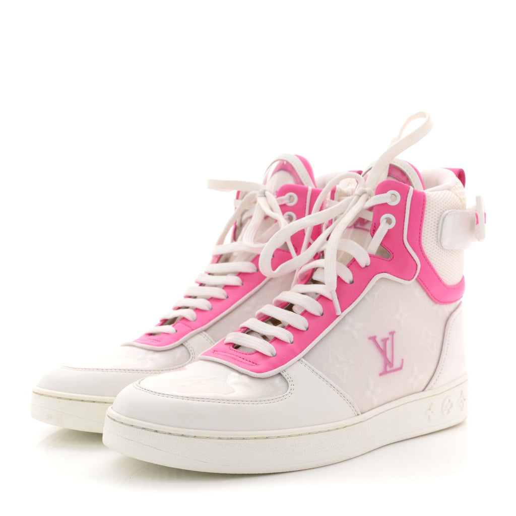 Louis Vuitton Calfskin Nylon Mesh Monogram Womens Boombox High Top Sneakers 39 White Pink