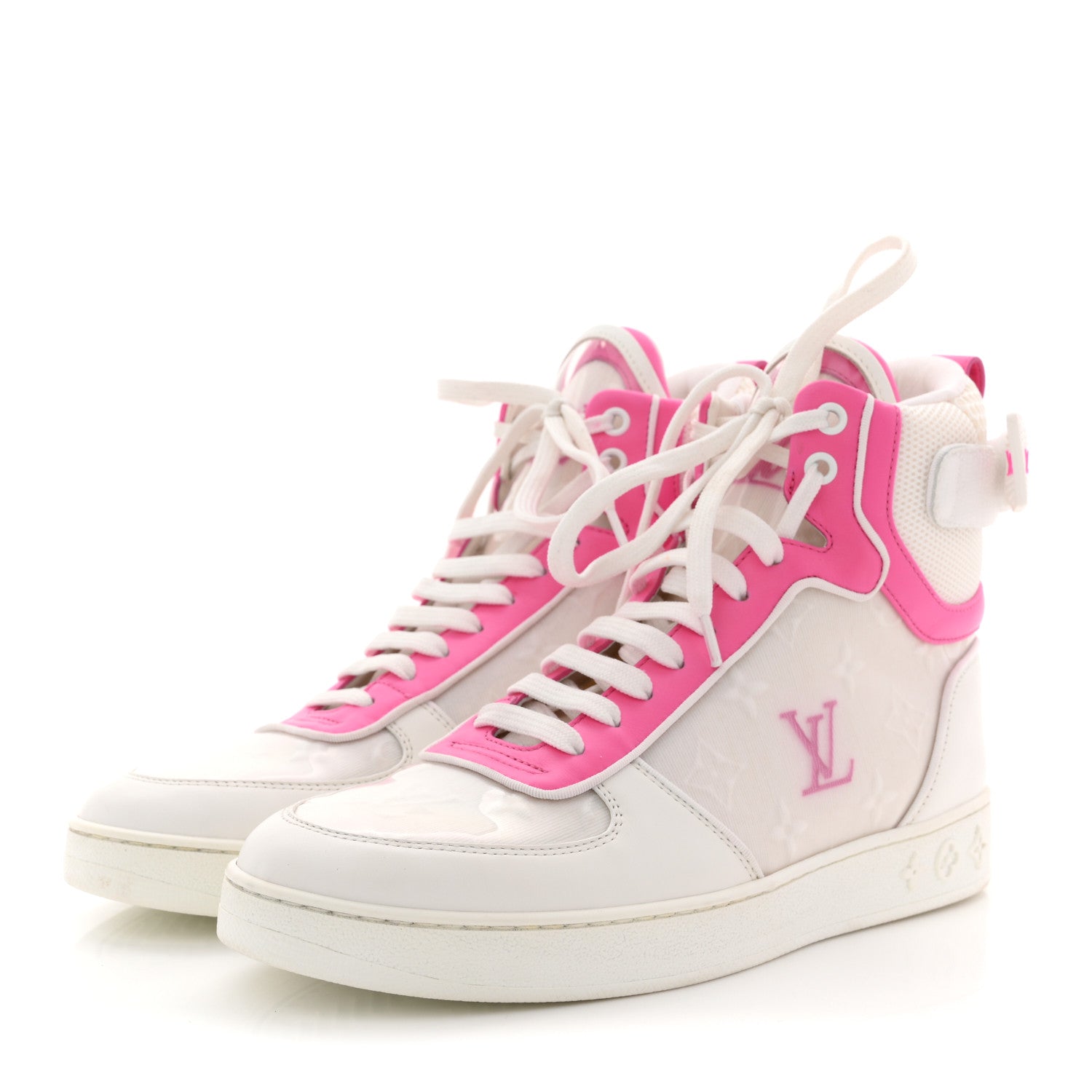 Louis Vuitton Calfskin Nylon Mesh Monogram Womens Boombox High Top Sneakers 39 White Pink