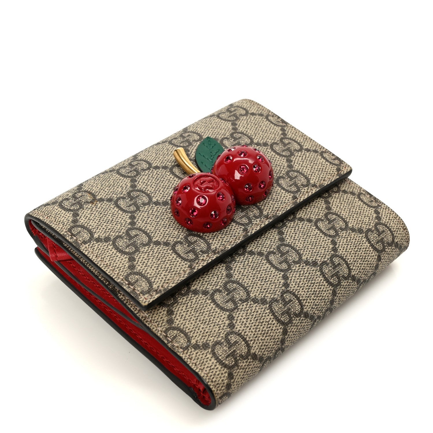 Gucci GG Supreme Monogram Cherry Embellished Card Case Wallet Hibiscus Red