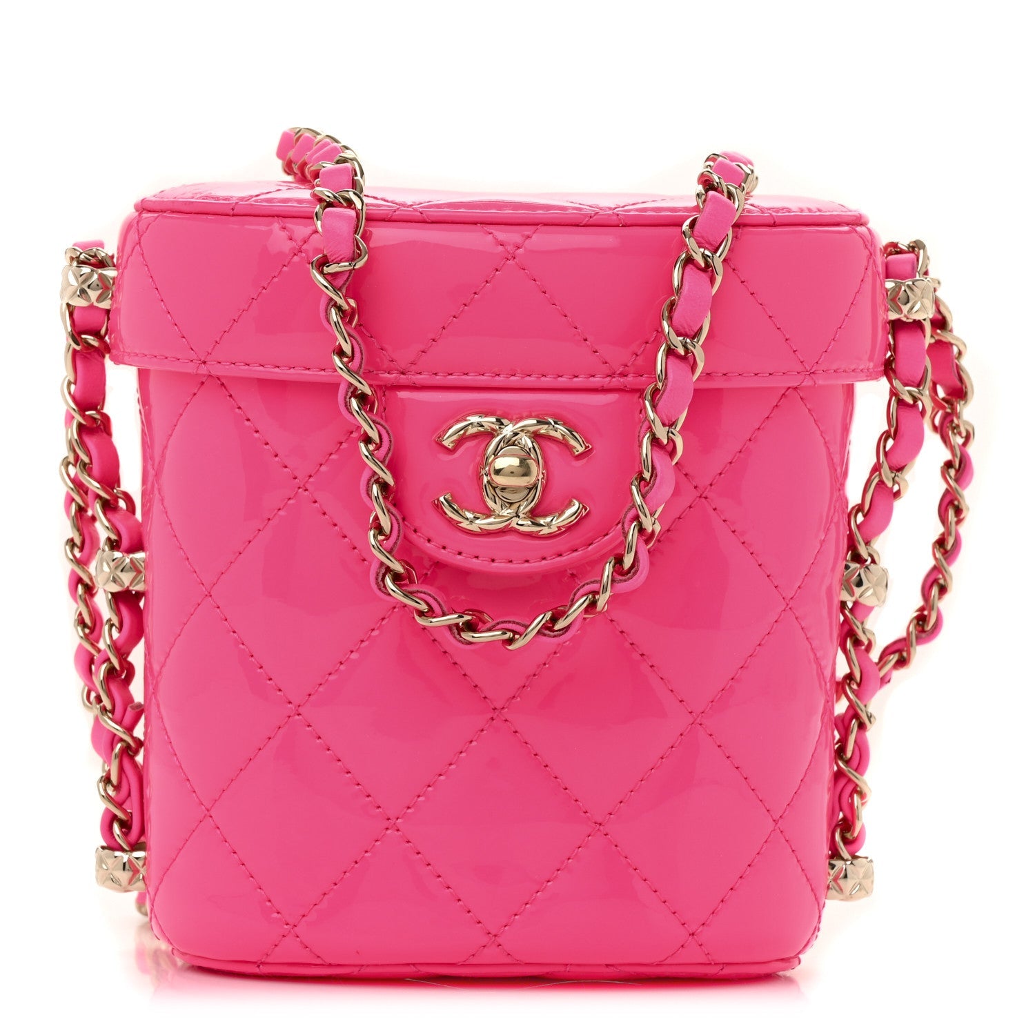 Chanel Patent Quilted CC Vani-Tea Case With Chain Neon Pink