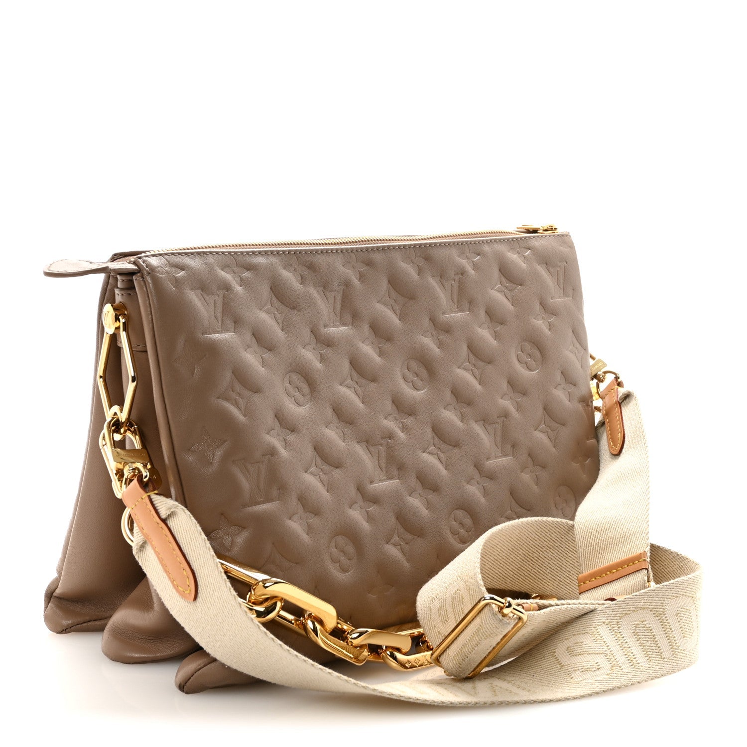 Louis Vuitton Lambskin Embossed Monogram Coussin MM  Taupe