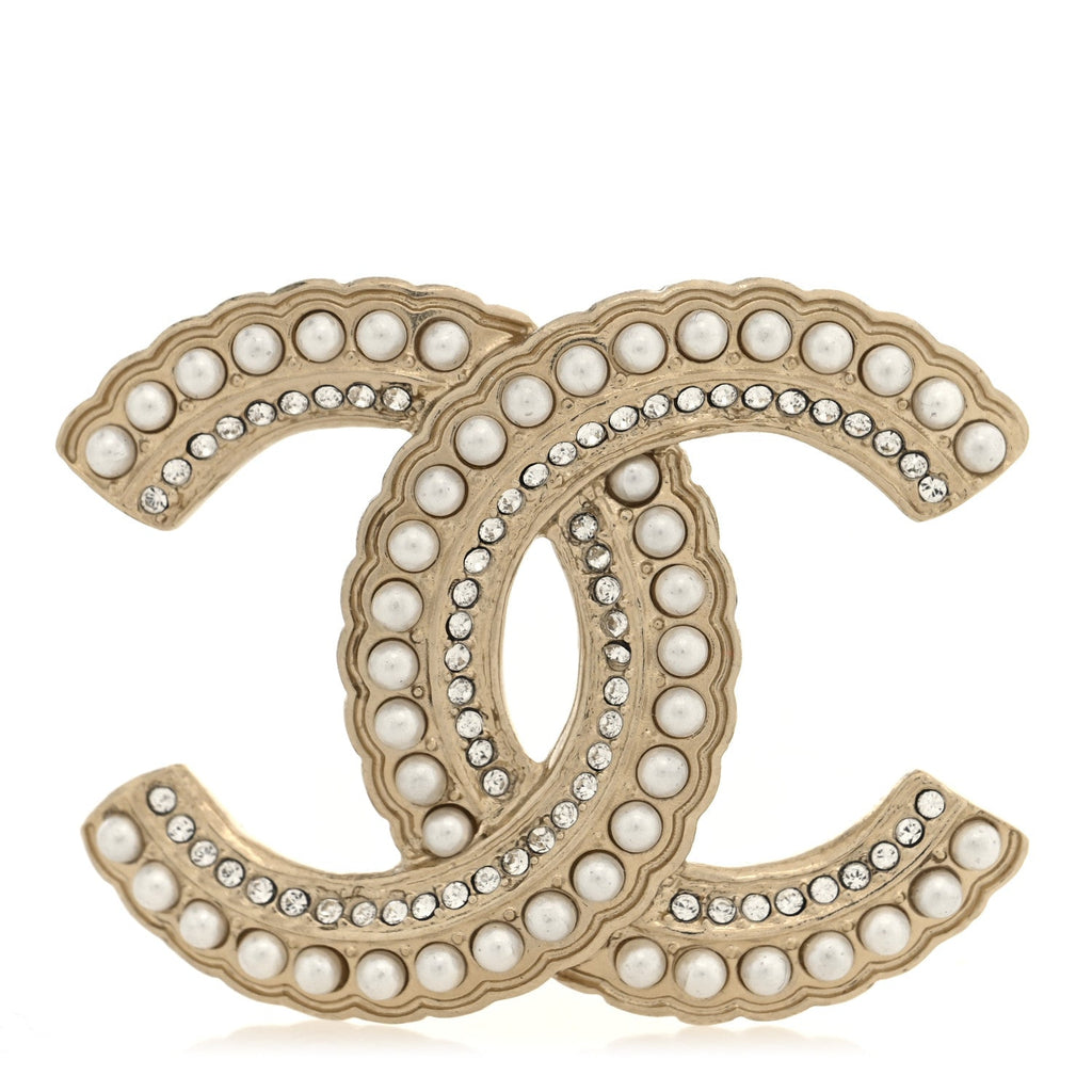 Pearl Crystal Queen of France CC Brooch Gold