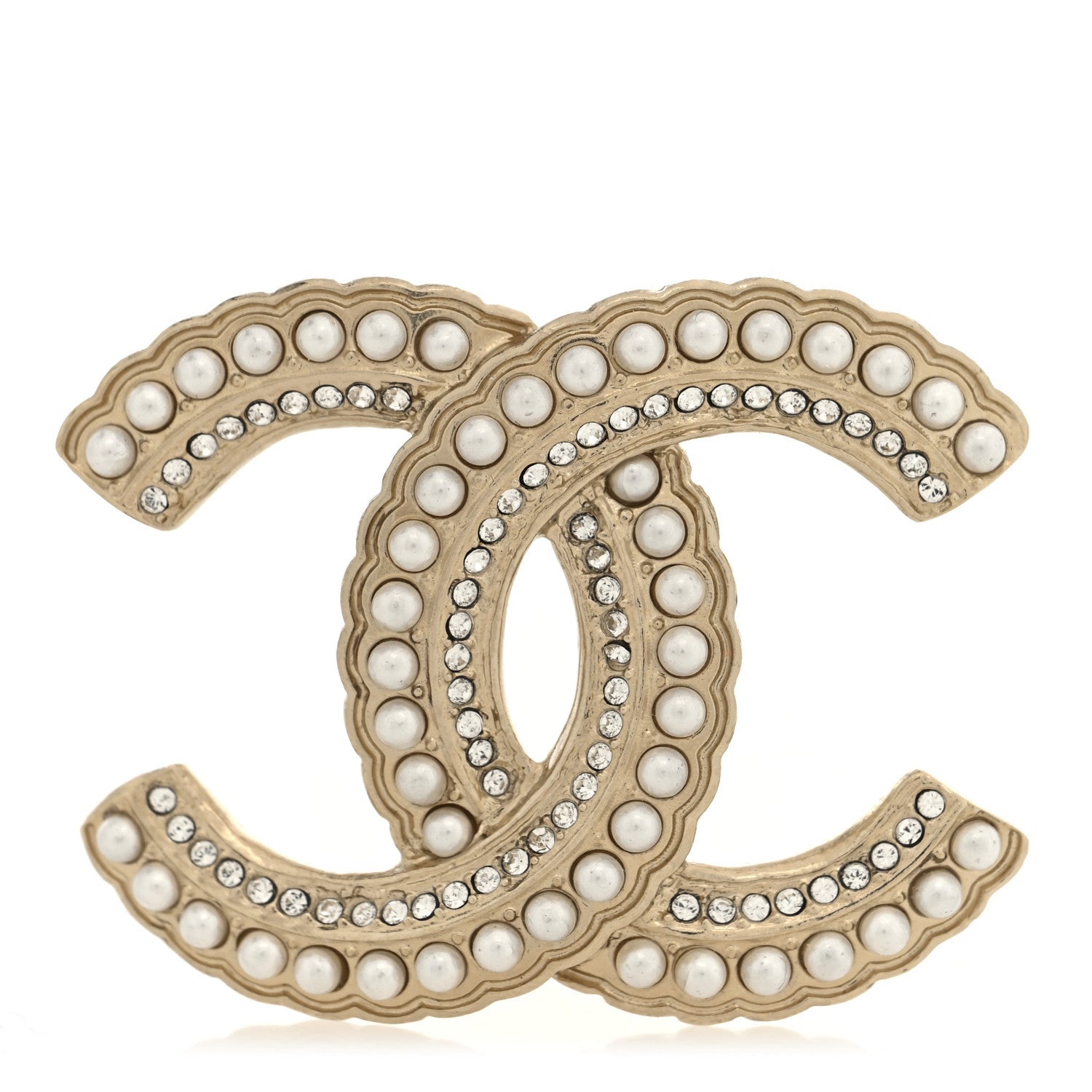 Pearl Crystal Queen of France CC Brooch Gold