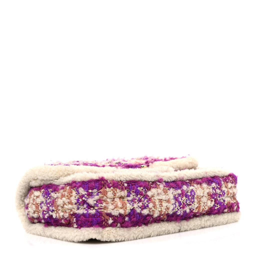Chanel Tweed Shearling Large Flap Bag Purple Beige