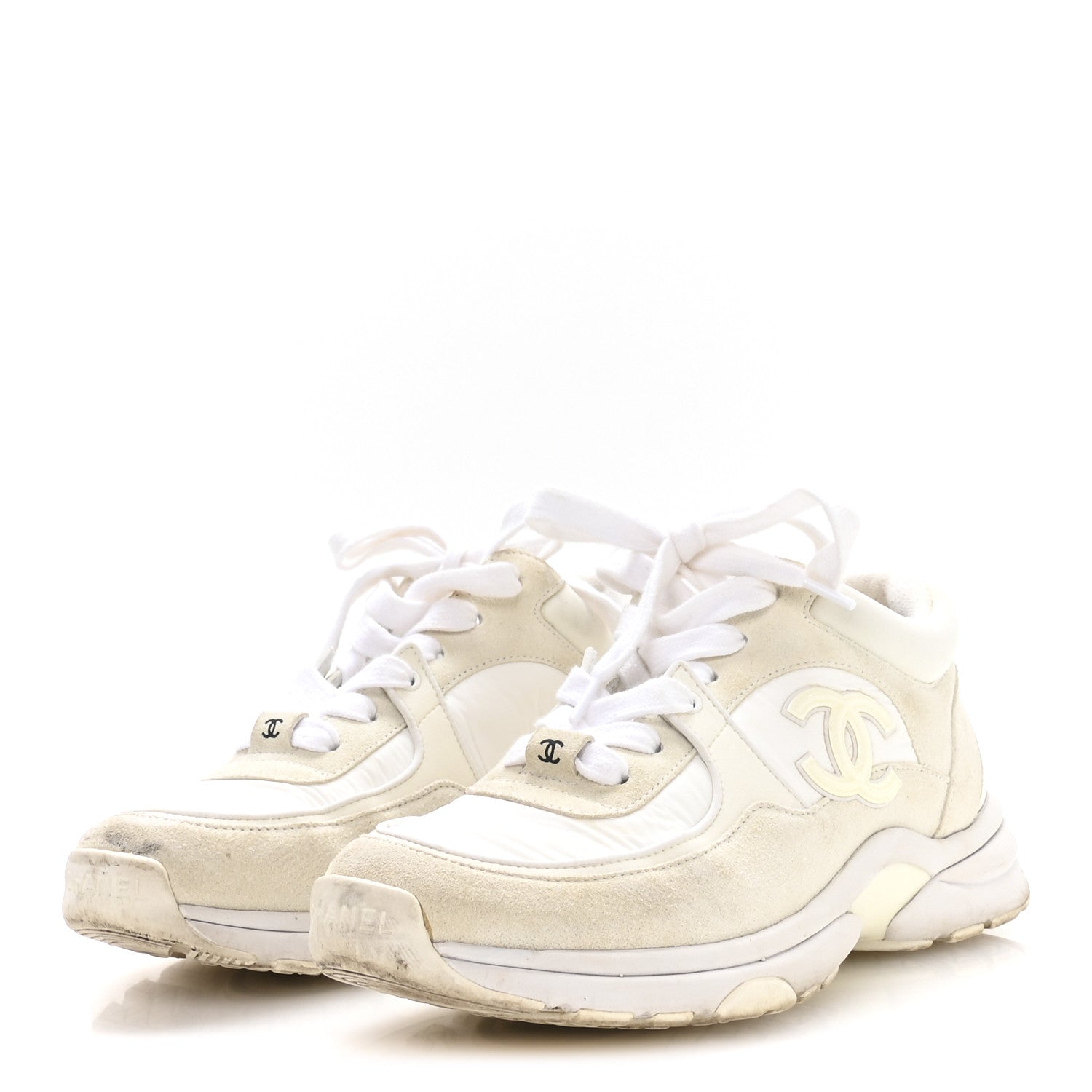Chanel Suede Calfskin Fabric CC Sneakers 36 White