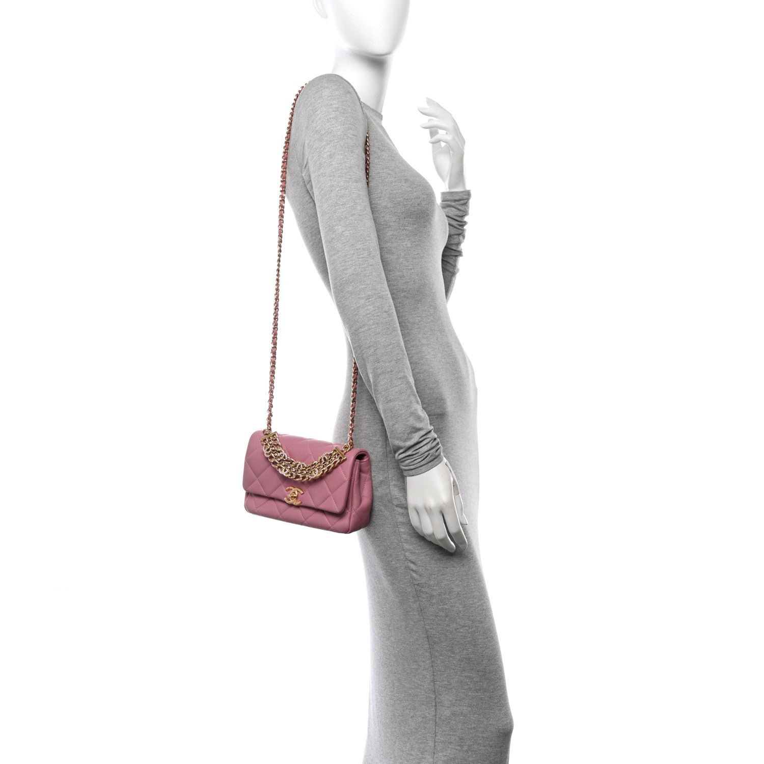 Chanel Lambskin Quilted Mini CC Crystal Logo Chain Flap Pink