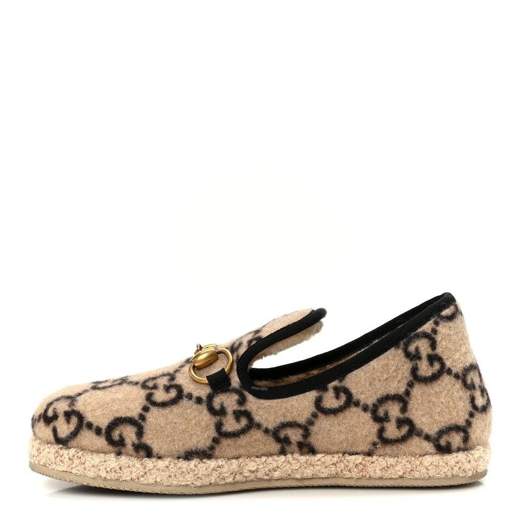 Gucci Covered Wool GG Monogram Womens Fria Horsebit Loafers 35.5 Beige Ebony Black Butterscotch