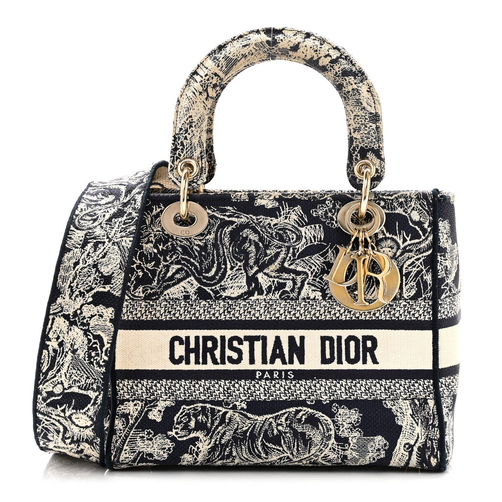 Christian Dior Canvas Toile De Jouy Embroidered Medium Lady D-Lite Navy