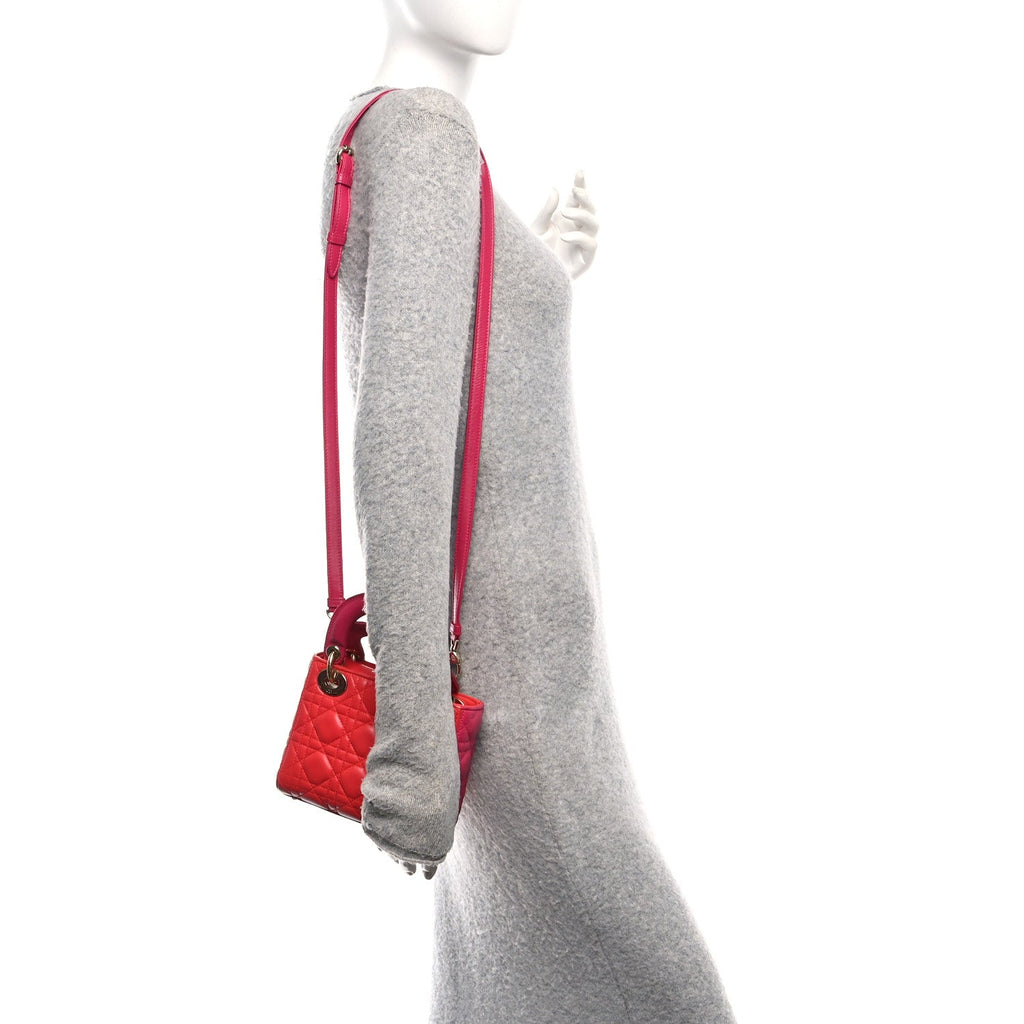 Christian Dior Lambskin Cannage Mini Bi-Color Lady Dior Red Fuchsia