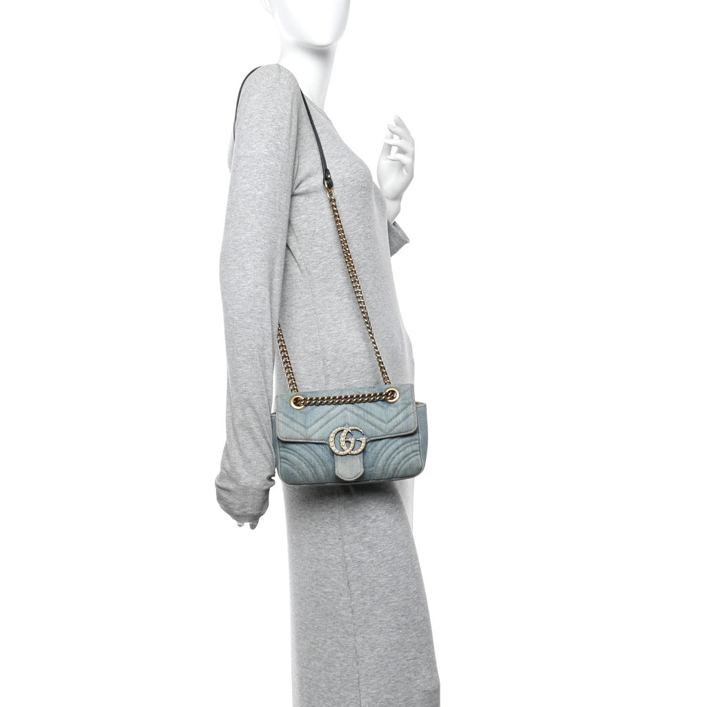 Gucci Denim Matelasse Mini Pearly GG Marmont Shoulder Bag Blue