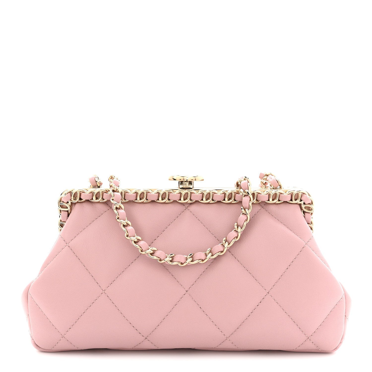 Chanel Lambskin Quilted Chain Frame Clutch Pink