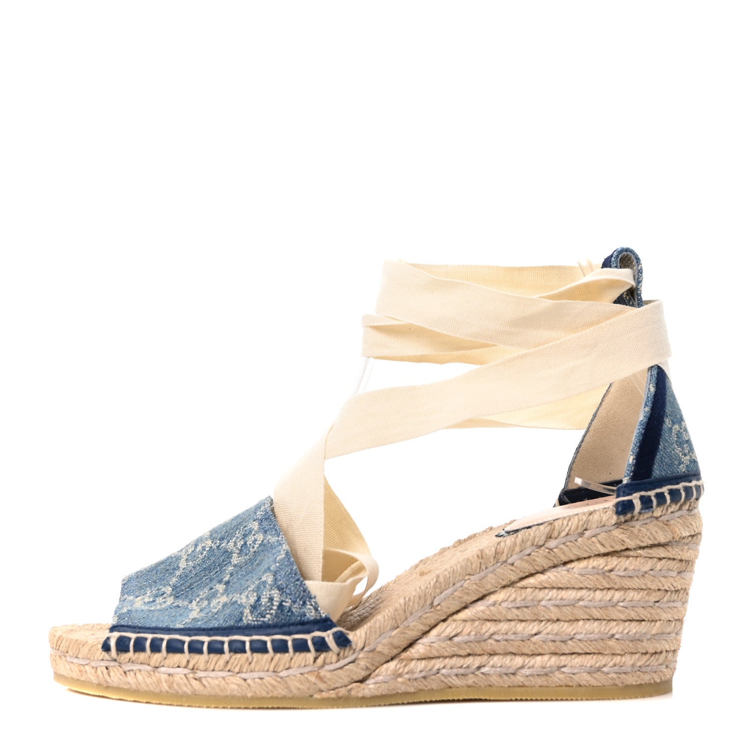Gucci New Denim GG Monogram Pilar Ankle Wrap Espadrille Wedge Sandals 36.5 Light Blue