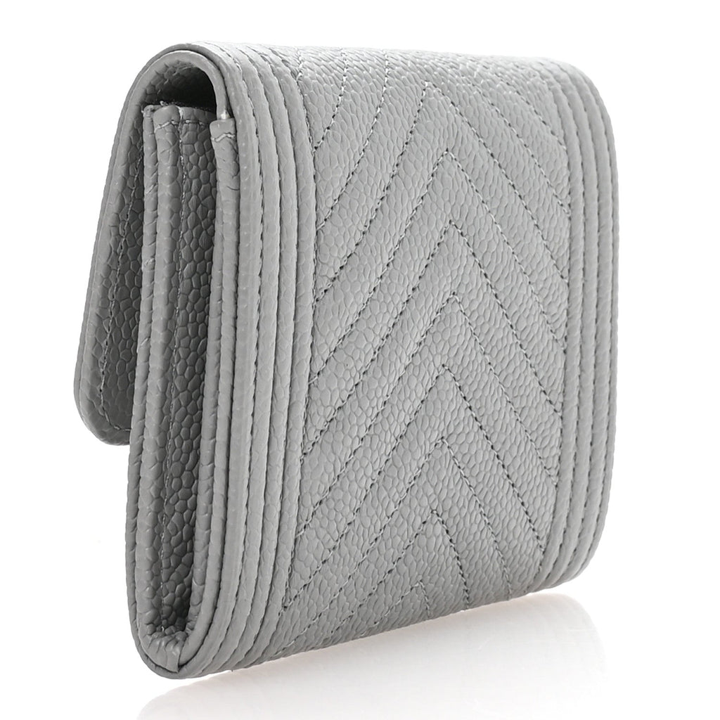 Caviar Chevron Quilted Boy Card Holder Wallet Grey