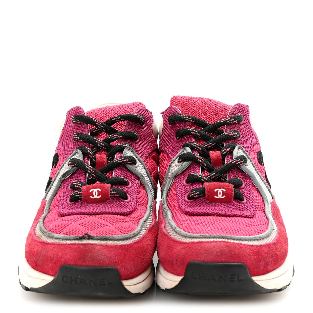 Mesh Suede Calfskin Womens CC Sneakers 35 Dark Pink Silver