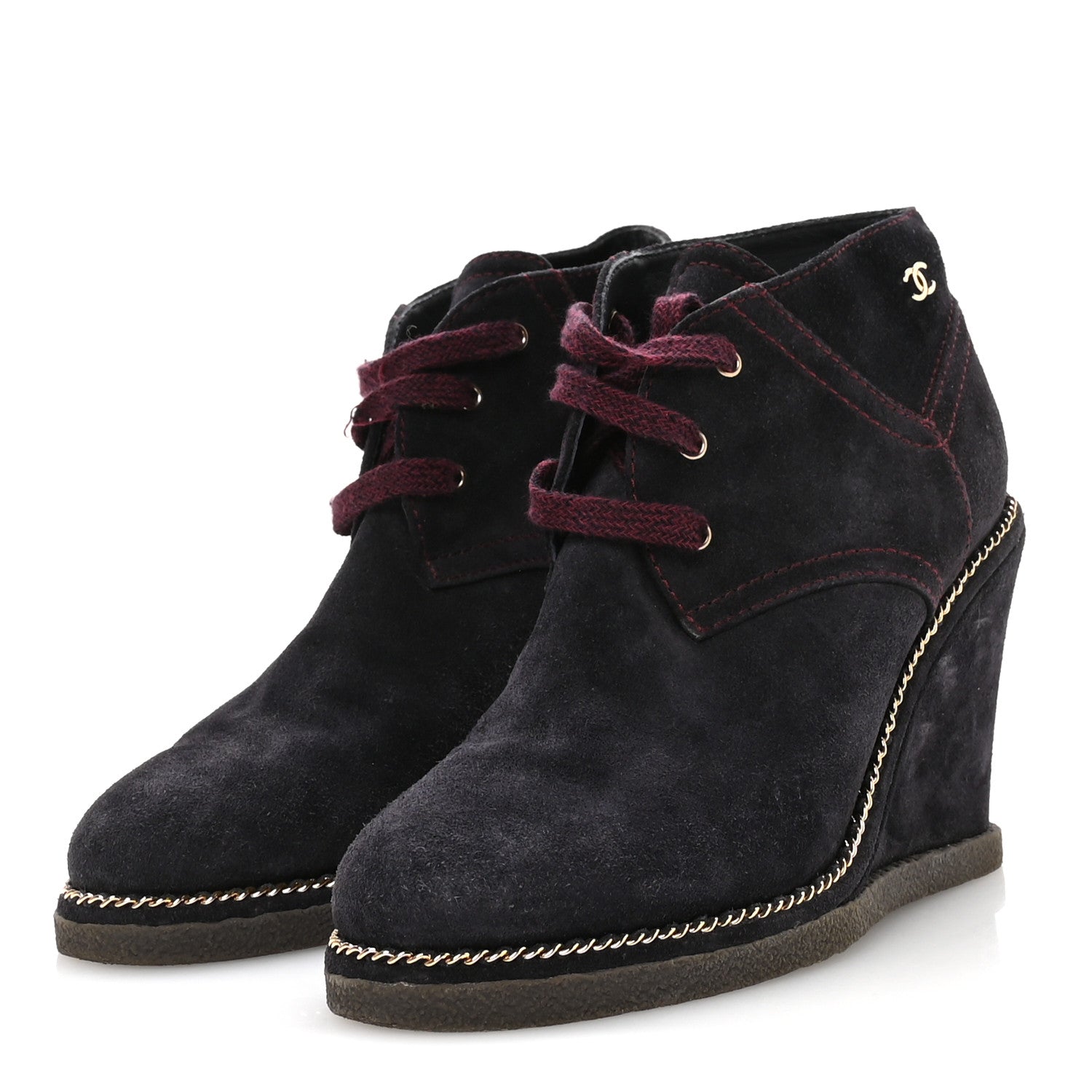 Chanel Suede Lace Up Wedge Booties 37 Dark Blue