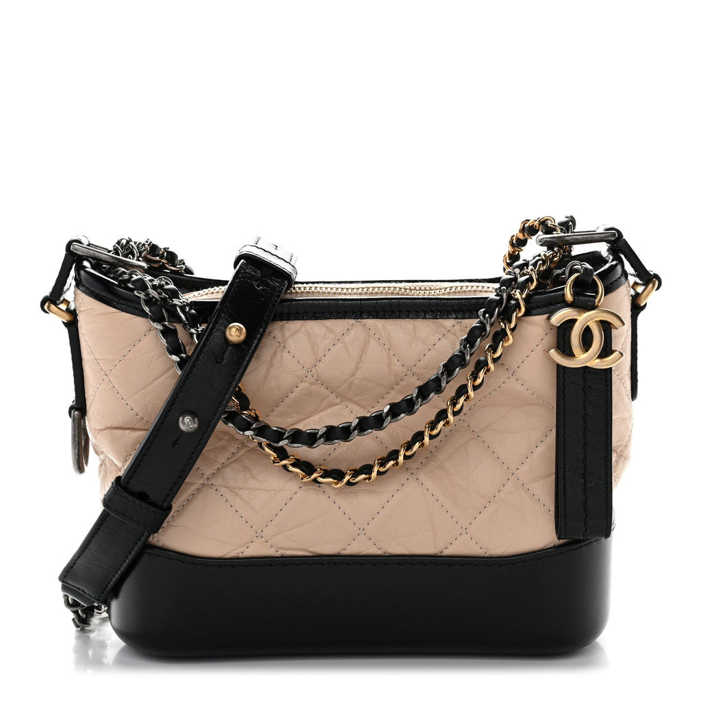 Chanel Aged Calfskin Quilted Small Gabrielle Hobo Beige Black