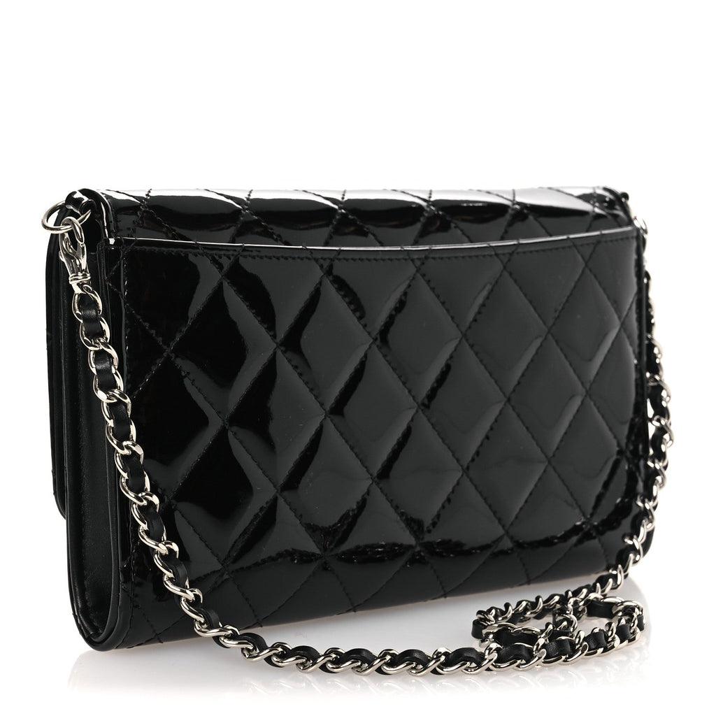 Chanel Patent Quilted Wallet On Removable Chain WOC Black