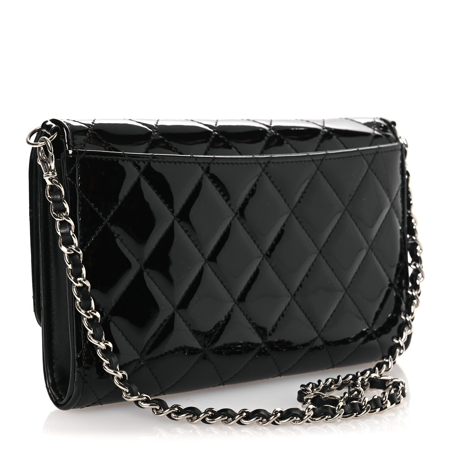 Chanel Patent Quilted Wallet On Removable Chain WOC Black