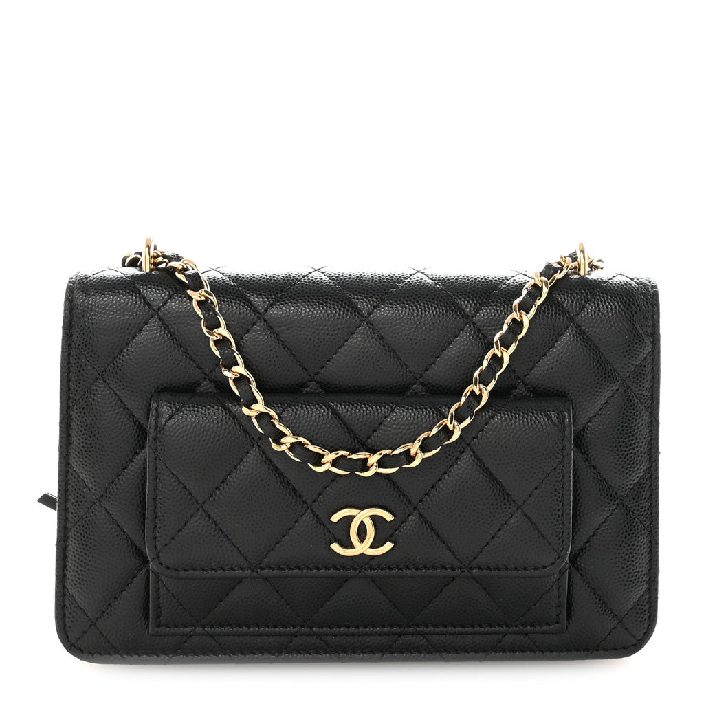 Chanel Caviar Quilted Pocket Clutch With Chain WOC Black
