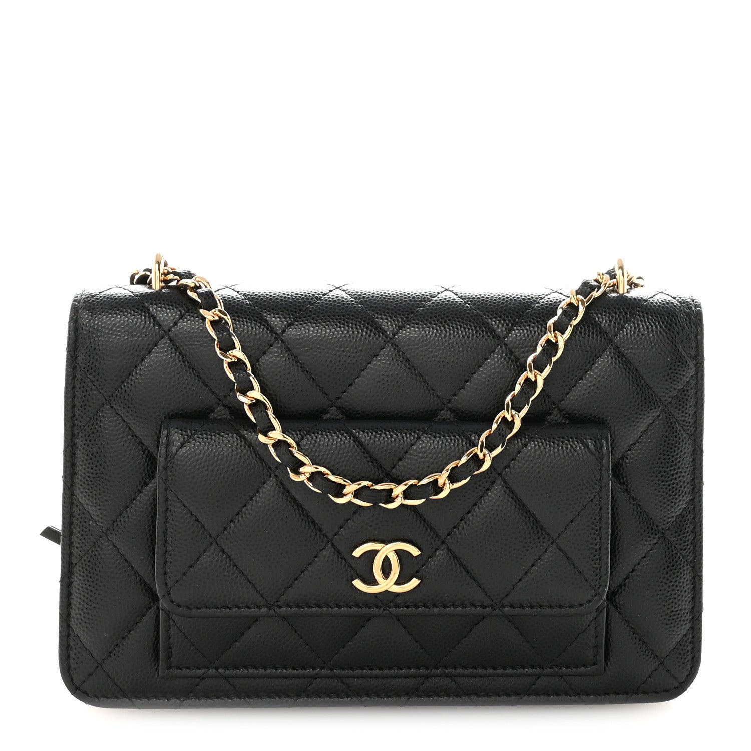 Chanel Caviar Quilted Pocket Clutch With Chain WOC Black