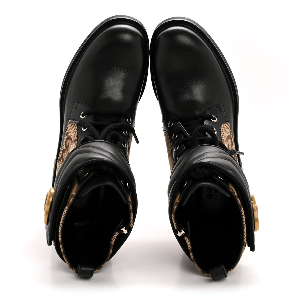 Gucci Flores Calfskin Monogram Maxi GG Nappa Matelasse Double G 40mm Ankle Boots 36.5 Black Camel Ebony