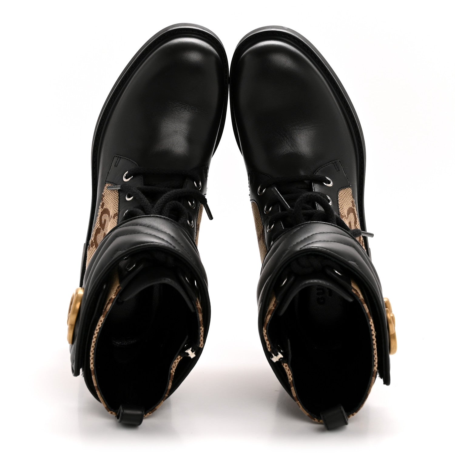 Gucci Flores Calfskin Monogram Maxi GG Nappa Matelasse Double G 40mm Ankle Boots 36.5 Black Camel Ebony