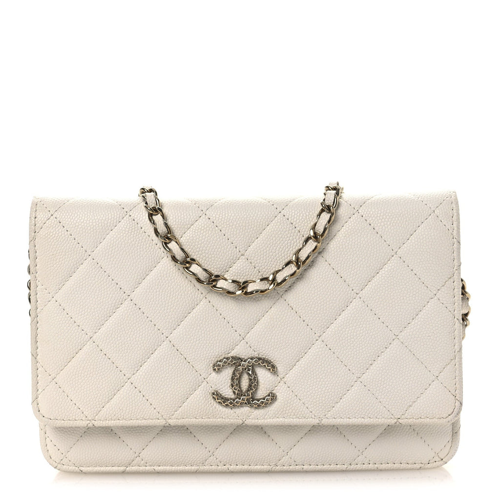 Chanel Caviar Quilted Perforated Metal CC Wallet On Chain WOC White