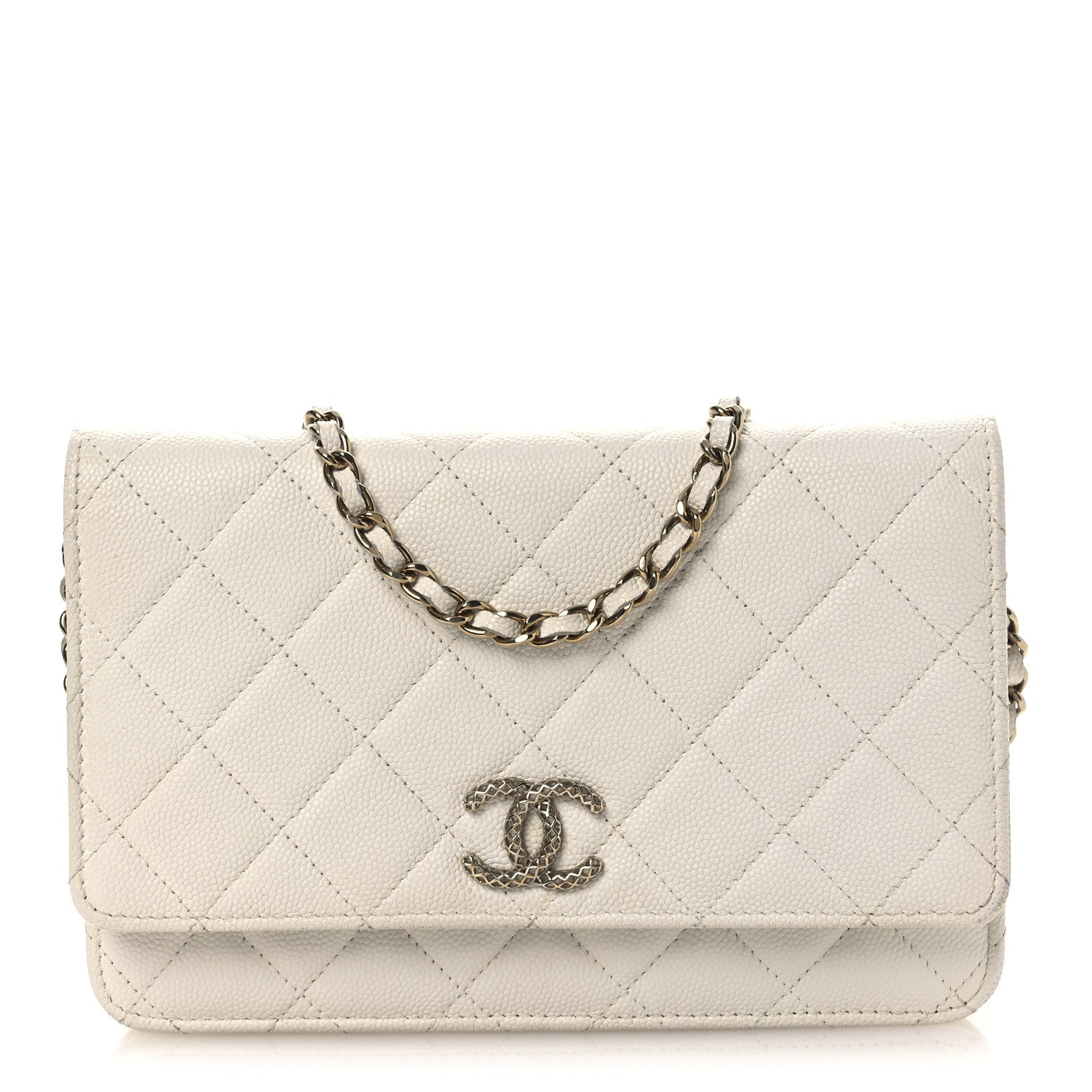 Chanel Caviar Quilted Perforated Metal CC Wallet On Chain WOC White