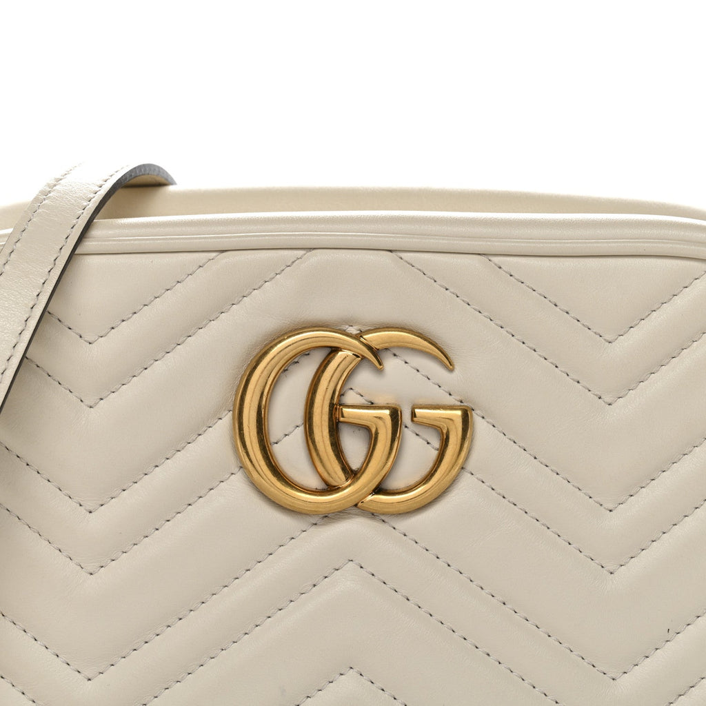 Gucci Calfskin Matelasse Small GG Marmont Chain Shoulder Bag White