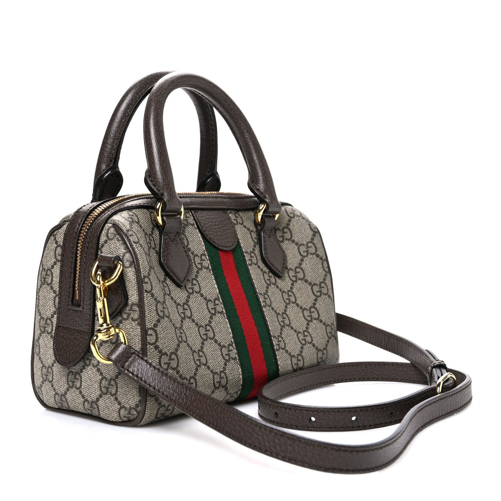 Gucci GG Supreme Monogram Textured Dollar Calfskin Web Mini Ophidia Top Handle Bag Beige Ebony New Acero