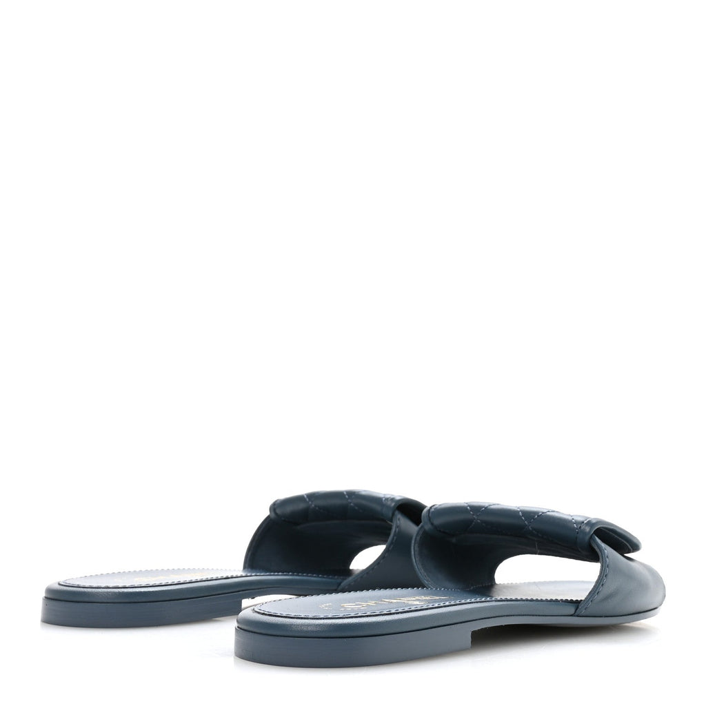 Lambskin Quilted Turnlock Flat Mules 39.5 Dark Blue