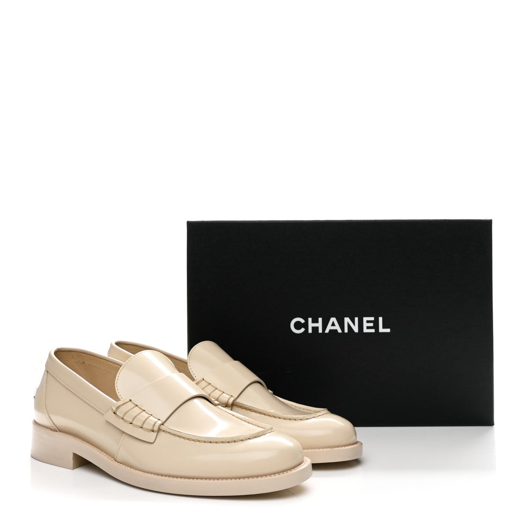 Chanel Shiny Calfskin Logo Loafers 39.5 Beige