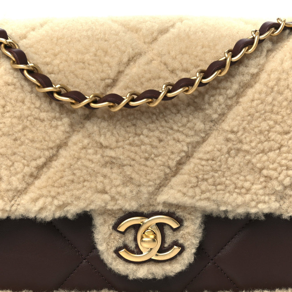 Chanel Shearling Lambskin Quilted Furry Coco Flap Dark Brown Beige