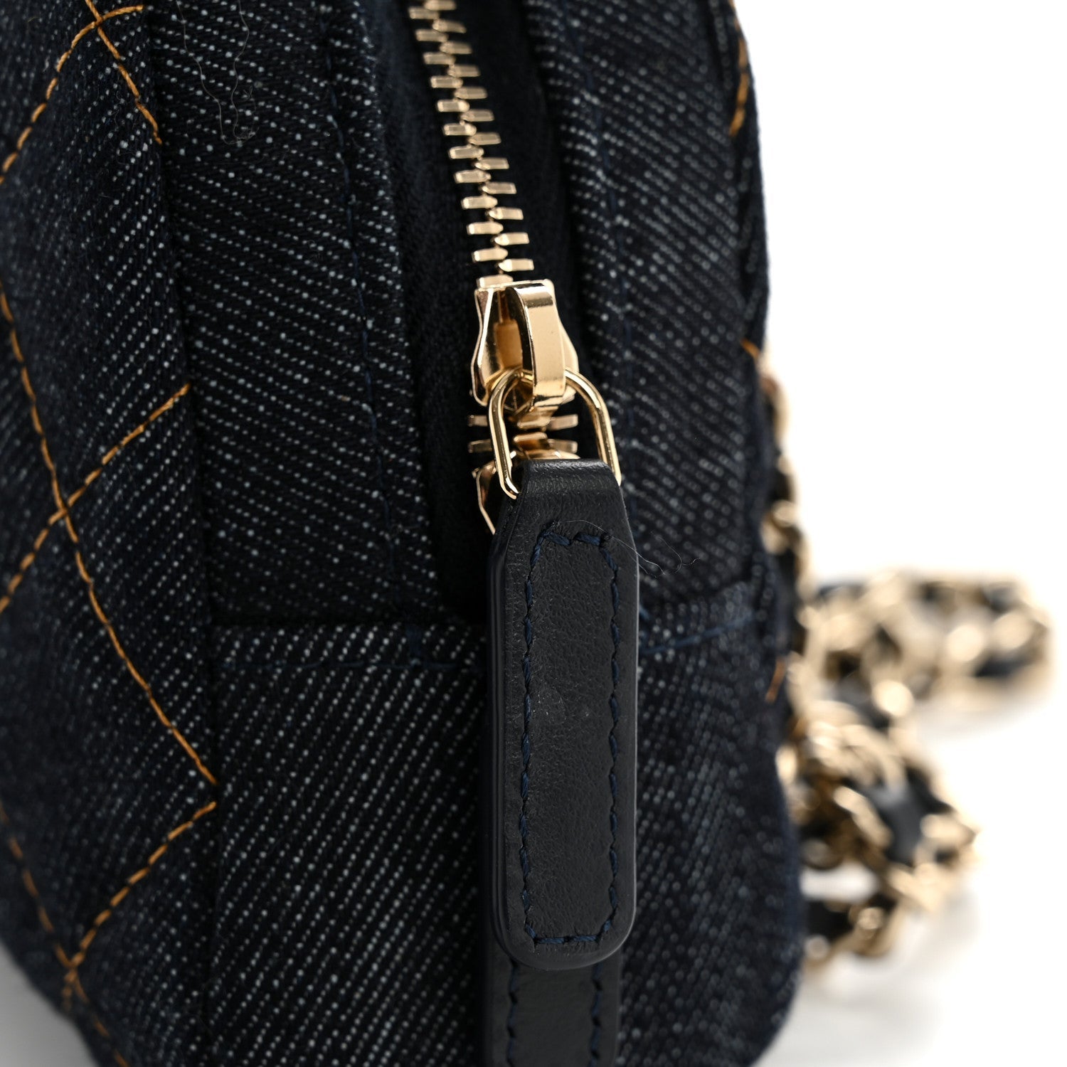 Chanel Denim Quilted Clutch With Chain Dark Blue Orange