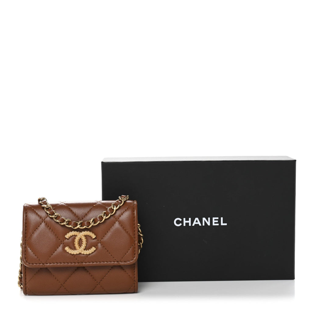 Chanel Lambskin Quilted Studded CC Clutch With Chain Brown