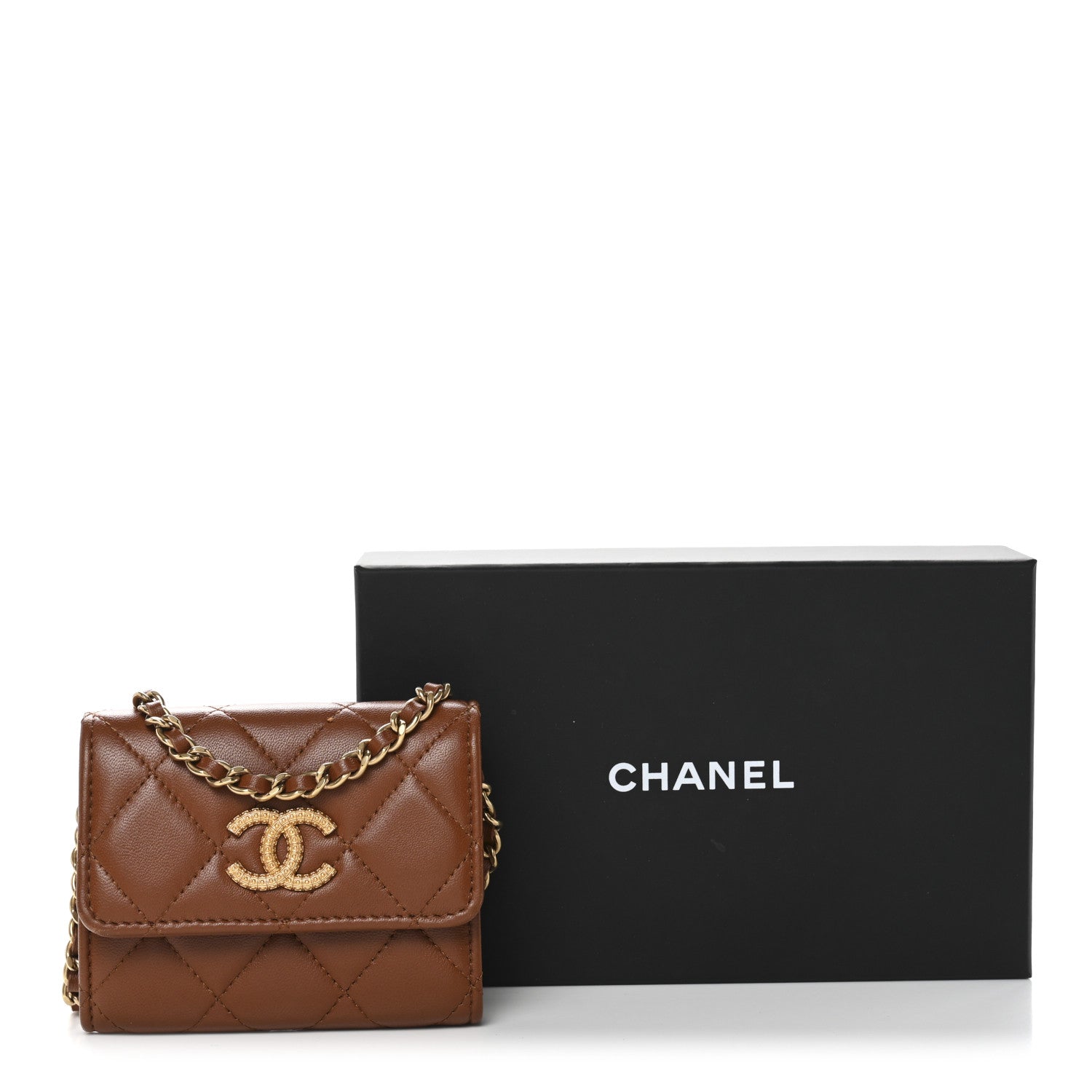 Chanel Lambskin Quilted Studded CC Clutch With Chain Brown