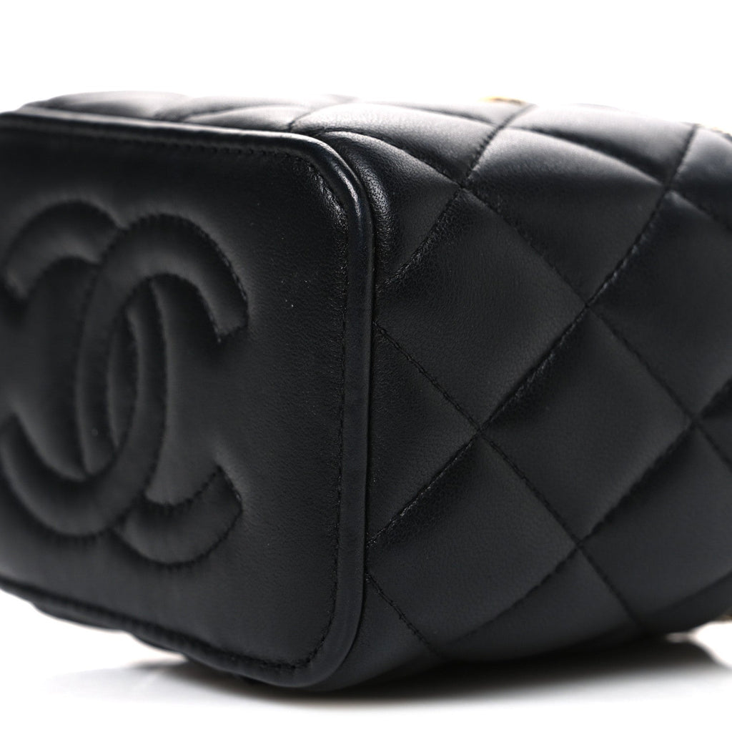 Chanel Lambskin Quilted Metal Mini Top Handle Vanity Case With Chain Black