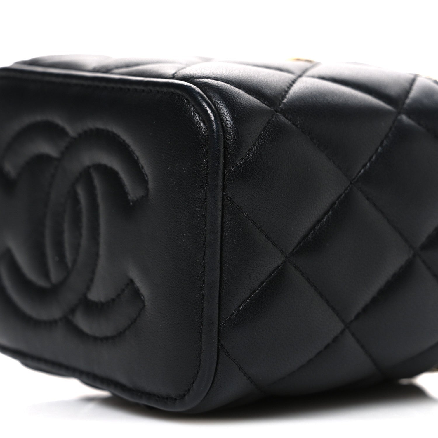 Chanel Lambskin Quilted Metal Mini Top Handle Vanity Case With Chain Black