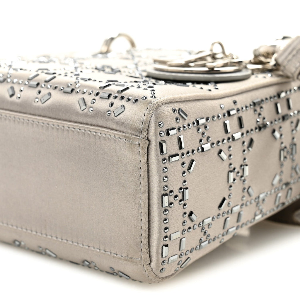 Christian Dior Satin Crystal Cannage Mini Lady Dior Gray