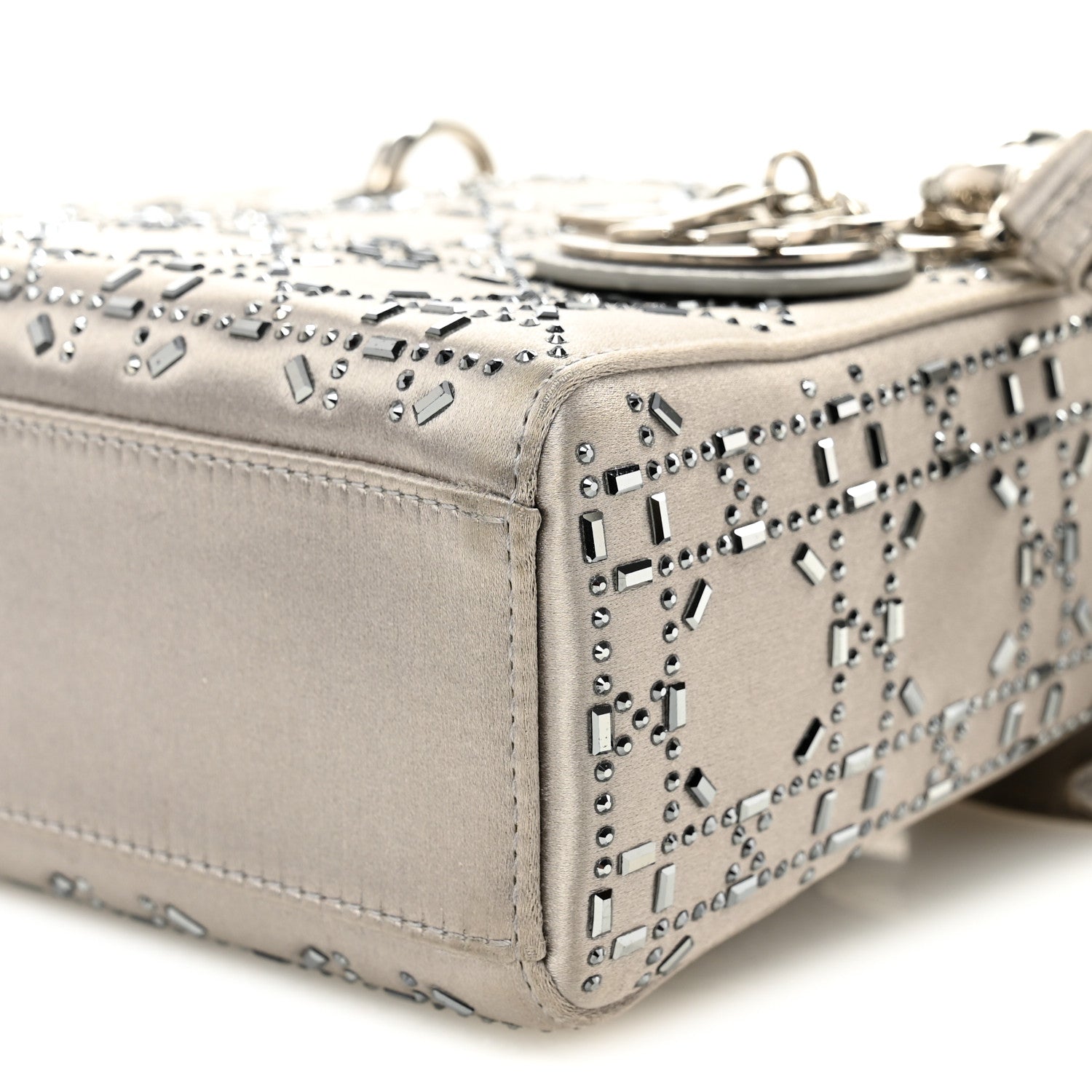 Christian Dior Satin Crystal Cannage Mini Lady Dior Gray