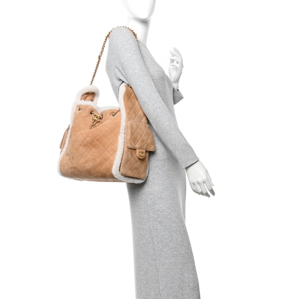 Chanel Suede Shearling Quilted Medium Chanel 25 Handbag Beige Natural