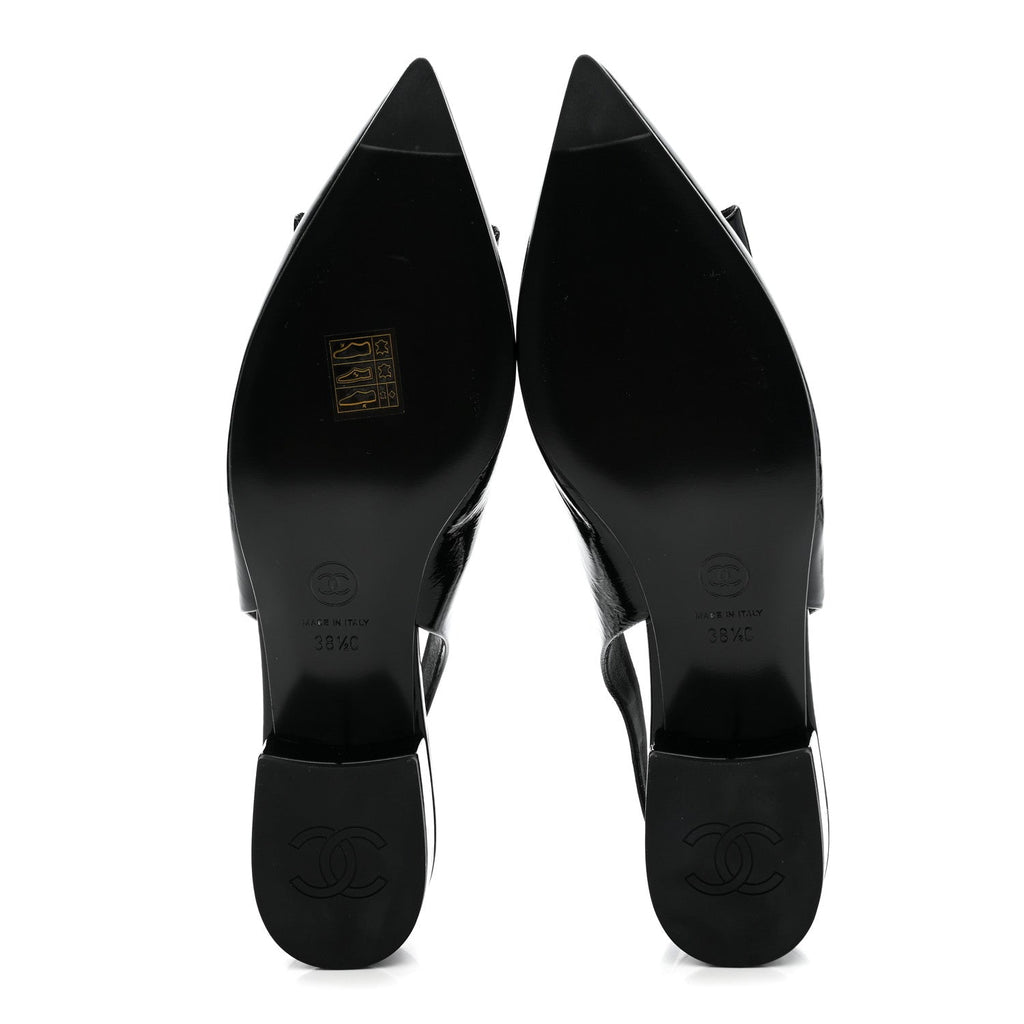 Crumpled Patent Calfskin CC Bow Slingback Pumps 38.5 Black