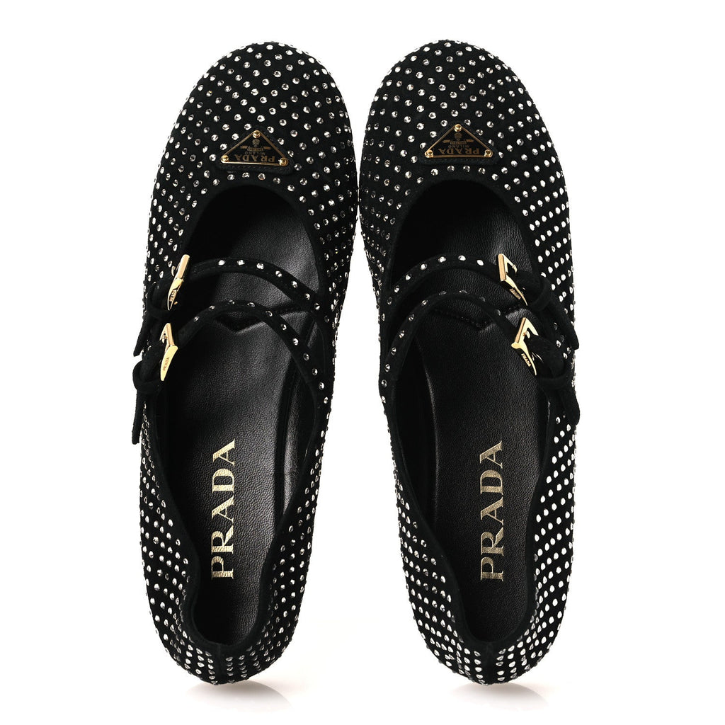 Prada Suede Crystal Studded Ballerina Flats 37 Black