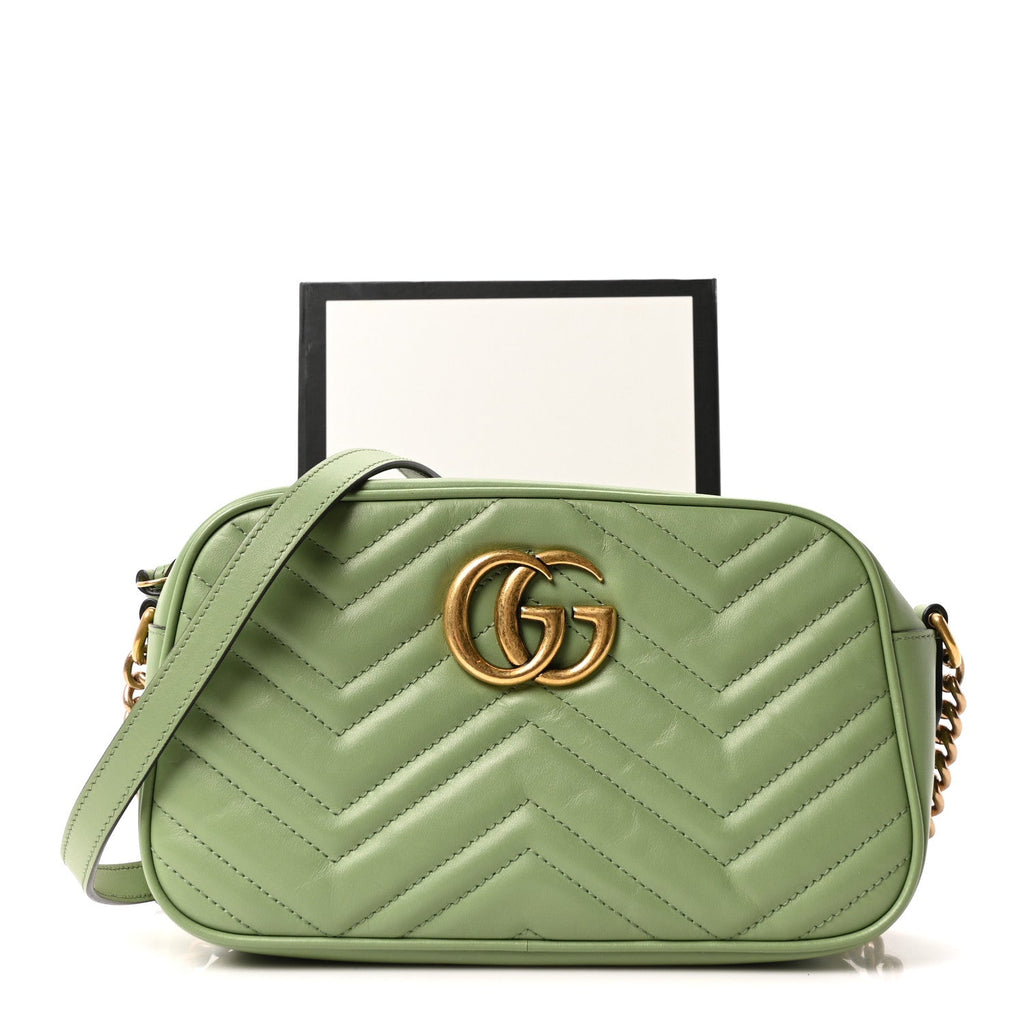Gucci Calfskin Matelasse Small GG Marmont Chain Shoulder Bag Salamander Green