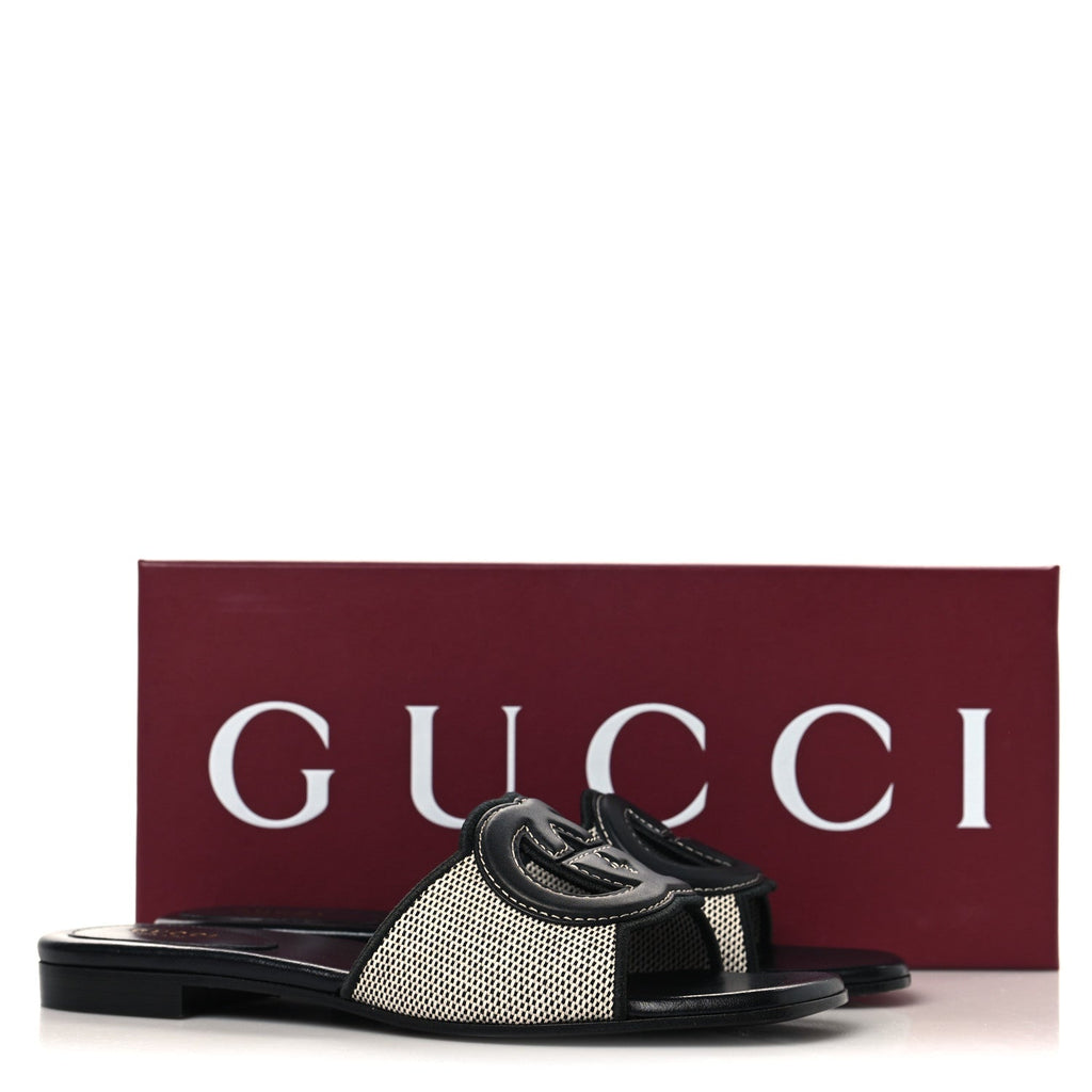 Gucci Canvas Rice Cosmos Softy Calfskin Interlocking G Cut Out Slide Sandals 37.5 Black Natural